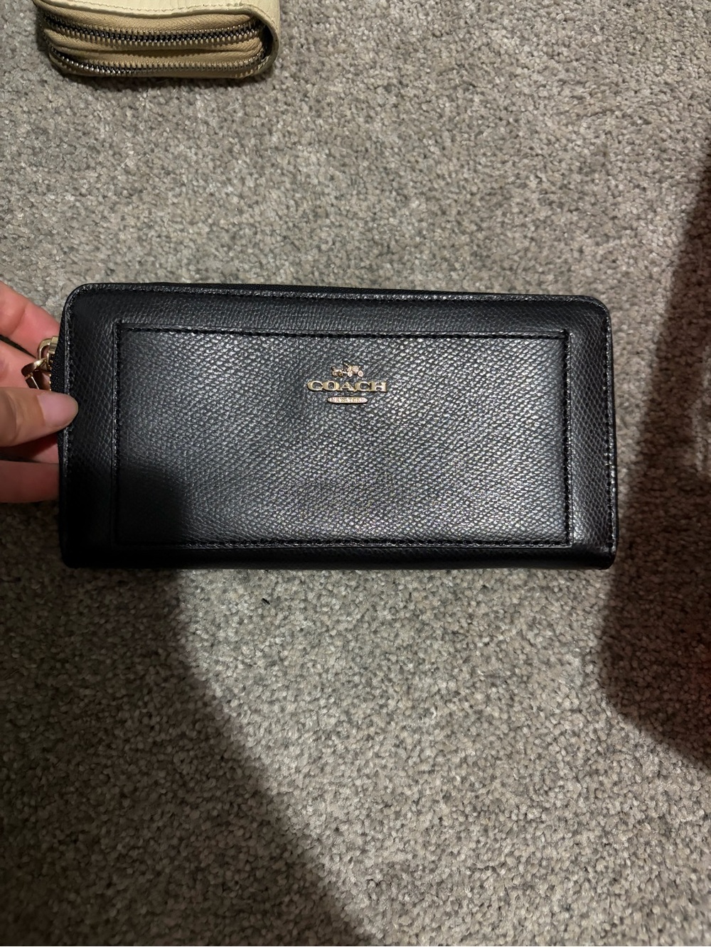 Coach Black Leather Zip-Around Wallet with Gold Logo